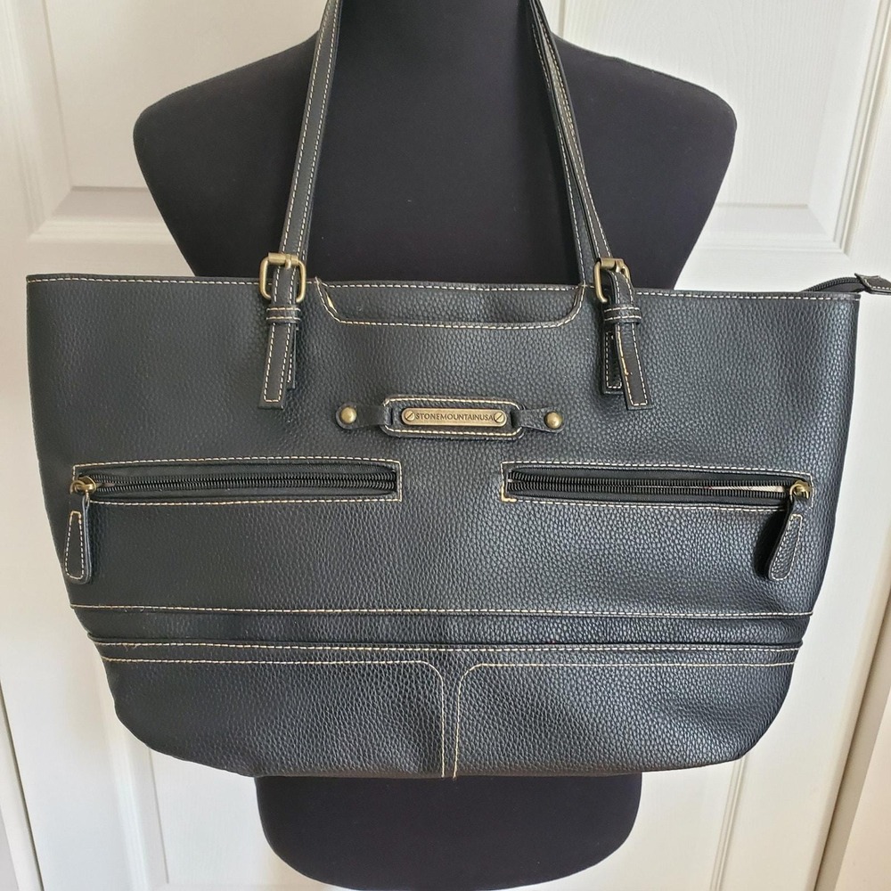 Stone Mountain Shoulder Bag Black Vegan Leather Tote Handbag Purse Lg Carryall - Picture 10 of 11